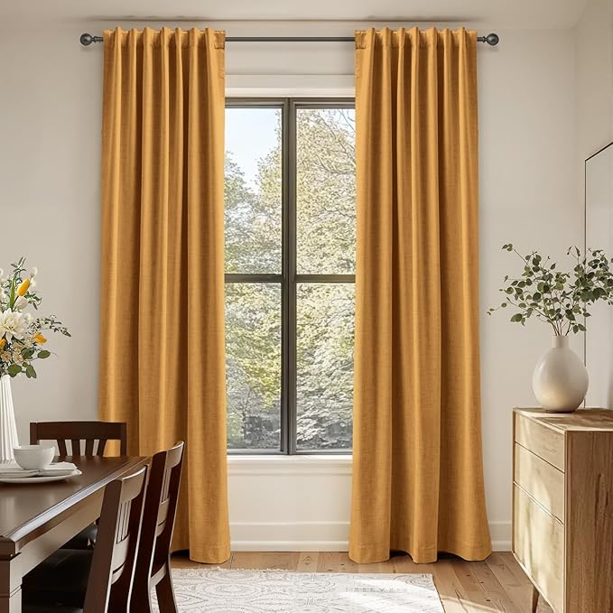 100% Blackout Shield Linen Blackout Curtains for Bedroom 96 Inches Long,Back Tab/Rod Pocket Living Room Drapes,Thermal Insulated Textured Blackout Curtains 2 Panels Set,50" W x 96" L,Mustard Yellow