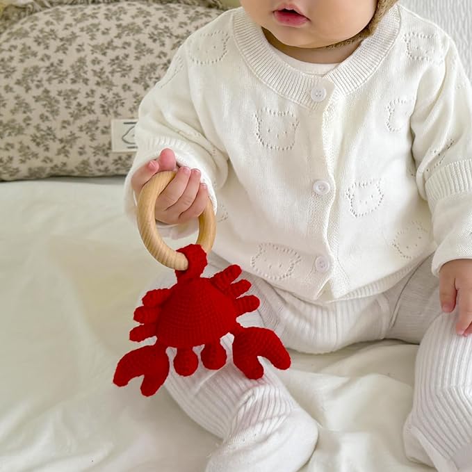 DICHA Wood Baby Rattle-Crochet Baby Rattle- Infant Rattle Sensory Development Wooden Toys Set-Includes Beech Wooden Teething Ring-Crab