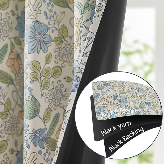 jinchan Nursery Curtains 95% Blackout Blue Floral Curtains for Kids Room, 96 Inch Length Farmhouse Drapes for Bedroom Living Room Darkening Window Treatment Grommet Top Set of 2 Panels