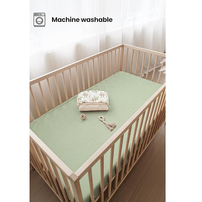Konssy Muslin Crib Sheets 2 PCS, 100% Cotton Baby Crib Sheets for Standard Crib Mattress (28"x 52"), Soft and Breathable for Boys, Girls (Woodland,Sage)