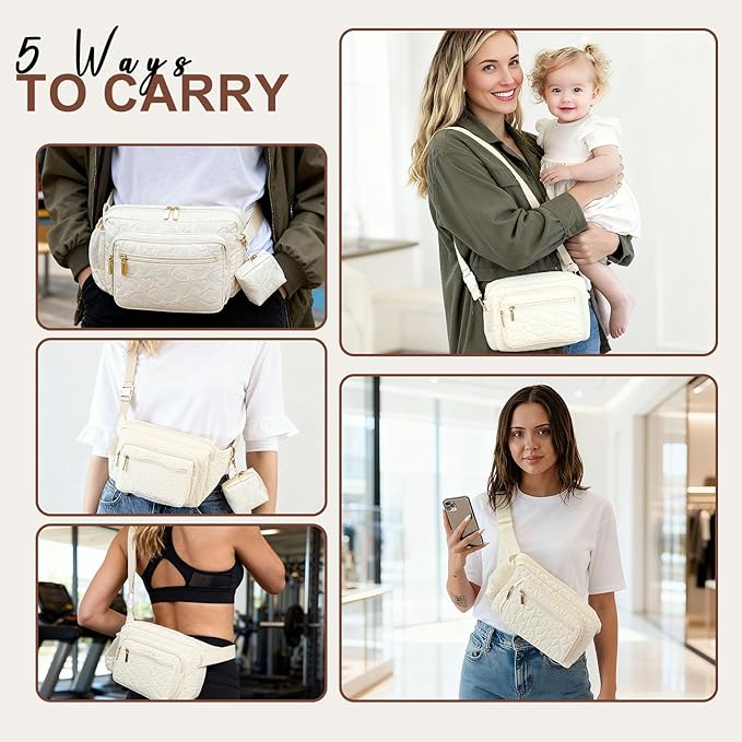 Rexmore Puffer Quilted Fanny Pack Diaper Bag for Mom - Women‘s Compact Crossbody Purse with Portable Changing Pad & Wipes Pouch, Travel & Quick Errand Baby Essentials Organizer (Off White)