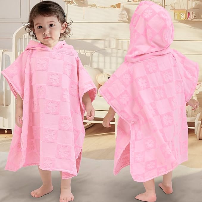 Toddler Bath Towels with Hood, Oversized (2-4Years,22"X22") Made from 100% Soft Cotton,Absorbent Hooded Poncho Towel for Baby Girl,Perfect for Pool | Swimming | Beach,Jacquard Checkered Pink Flower