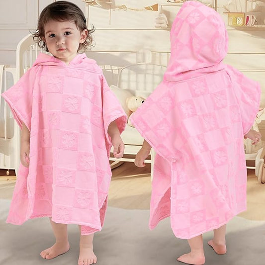 Toddler Bath Towels with Hood, Oversized (2-4Years,22"X22") Made from 100% Soft Cotton,Absorbent Hooded Poncho Towel for Baby Girl,Perfect for Pool | Swimming | Beach,Jacquard Checkered Pink Flower