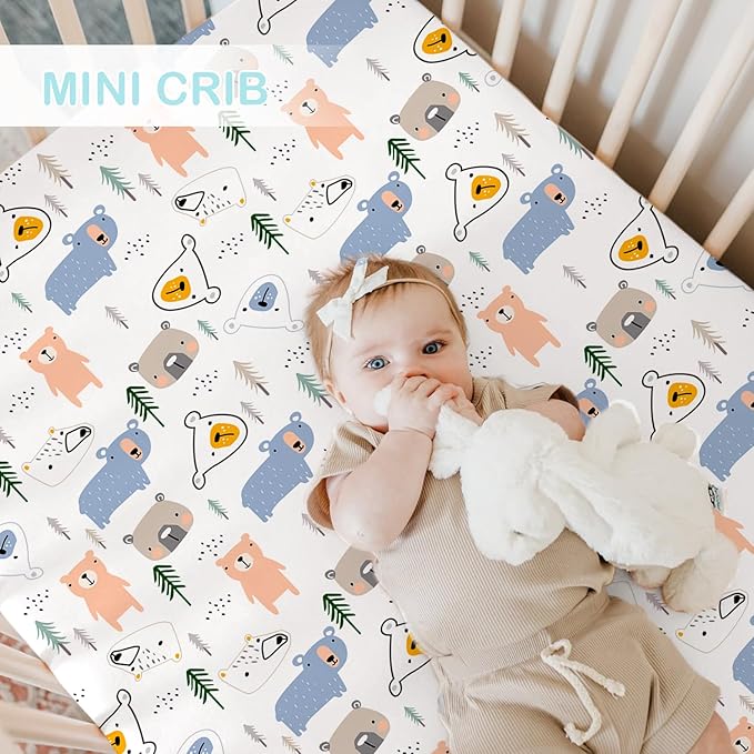 Bimocosy Pack and Play Sheets Fitted 4 Pack, 38 x 26 Inch Pack n Play Mini Crib Sheets for Boys and Girls, Soft Stretchy Playard Mattress Sheets for Graco Pack n Play, Forest Cubs