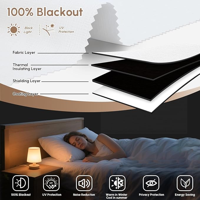 Kincmo No Drill Motorized Blinds with Remote, 100% Blackout Roller Shades for Windows, Custom Electric Blinds Compatible with Alexa, Apple Homekit, Google Home (100% Blackout Weave White)