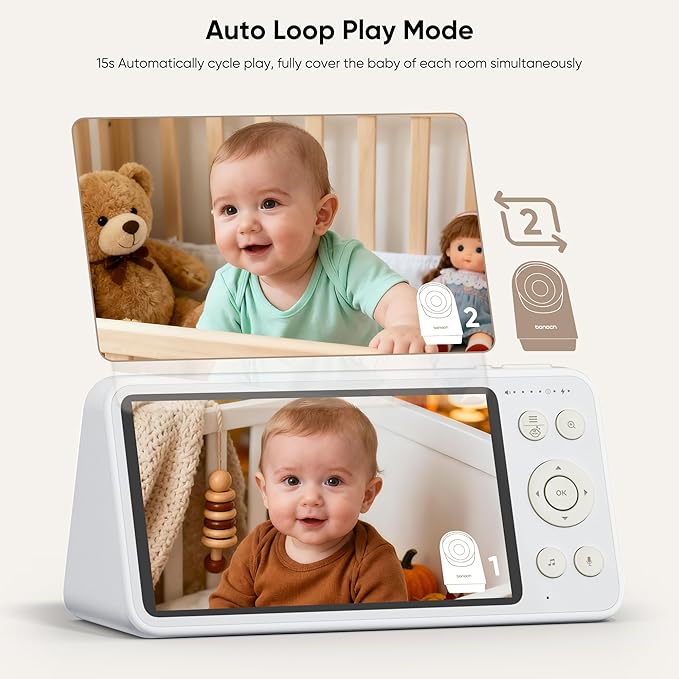 bonoch 2K 5.5" Split Screen Baby Monitor with 2 Cameras, 240hrs Battery Dual Video Monitor, White Noise, 1600ft Long-range, Hack-Proof No WiFi, Night Vision, Smart Detect for Cry/Sleep Turnover/Motion