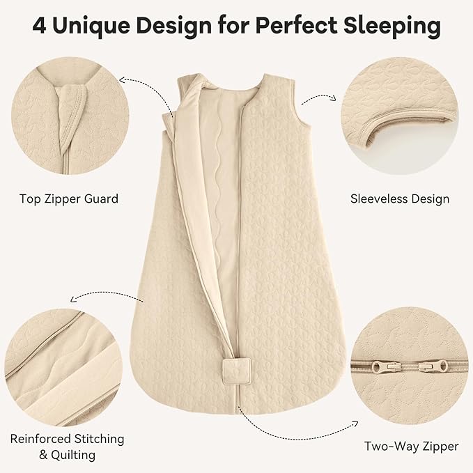 Unnivoll Baby Sleep Sack 18-24 Months TOG 2.5 Winter Baby Wearable Blanket, 100% Cotton Fabric Newborn Infant Sleeping Sack 2-Way Zipper Quilted Baby Sleep Bag, Warm Soft Apricot