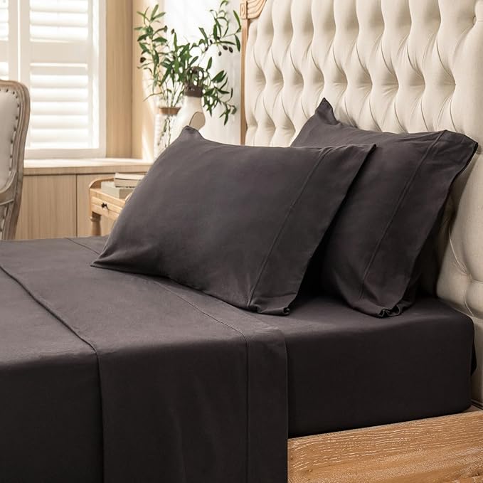 PURE ERA Jersey Knit 4pc Bed Sheet Set 100% T-Shirt Cotton Super Soft Comfy Breathable Fits Mattress Up to 20" Extra Deep Pocket (Solid Deep Brown, King)