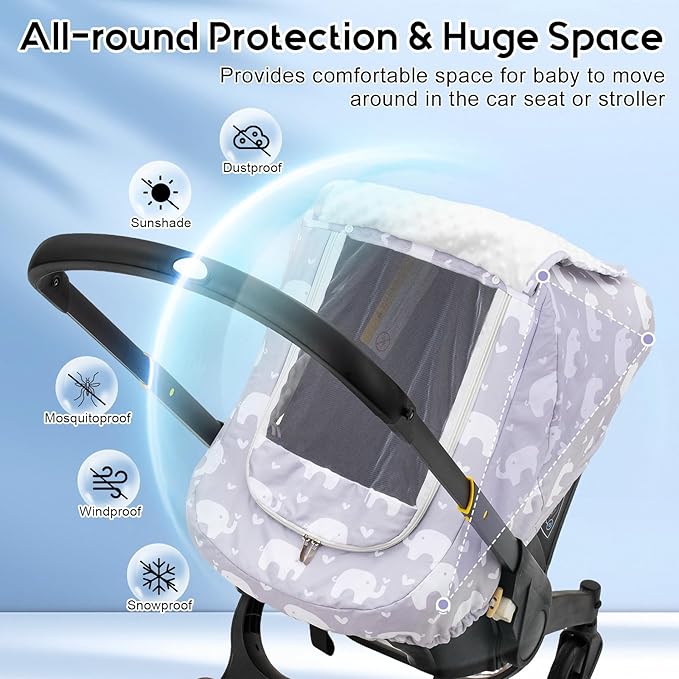 Baby Car Seat Cover, Mink Dot Infant Car Seat Cover for Girls Boys, Universal Carseat Cover with Mesh Peep Window & Sun Shade, Breathable Baby Carrier Canopy Cover for Spring Autumn