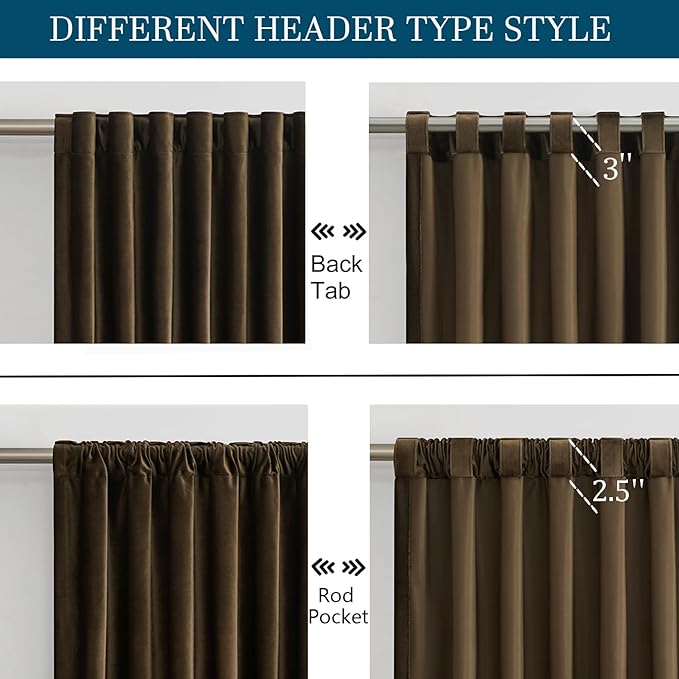 PRIMROSE Brown Velvet Curtains 90 inch Long for Living Room,Set of 2 Panels Blackout Rod Pocket Back Tab Window Treatment Room Darkening Heavy Decorative Curtains Drapes for Bedroom