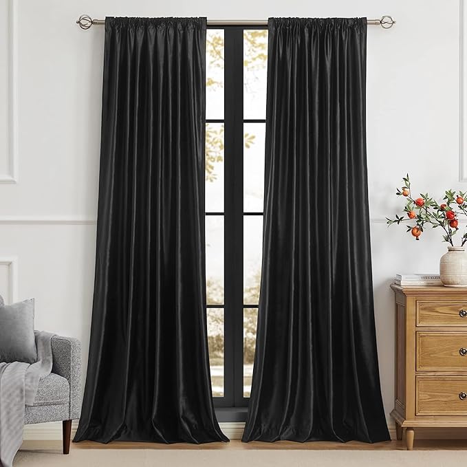 PRIMROSE Black Curtains 90 inch for Living Room Velvet Drapes Blackout Rod Pocket Back Tab Window Treatment Semi Room Darkening Decor Curtains for Bedroom Set of 2 Panels
