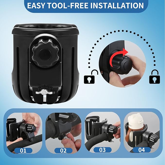 Stroller Cup Holder Compatible with Bob, Clip on Cupholder Attachment for Stroller, Cup Holder with Adjustable Clamp, Fits Most Cups, for Wheelchair, Walker, Bike, Scooter, Black