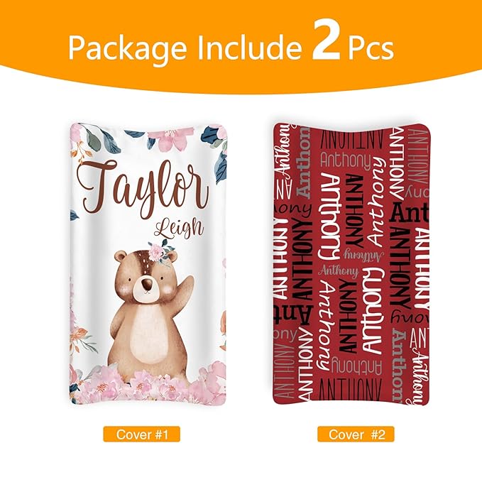 Custom Changing Pad Cover Set - Jersey Knit Ultra Soft Unisex Waterproof Diaper Changing Table Covers with Personalized Name for Baby Boys Girls - Comfy Cozy 2 Pcs Set Style16