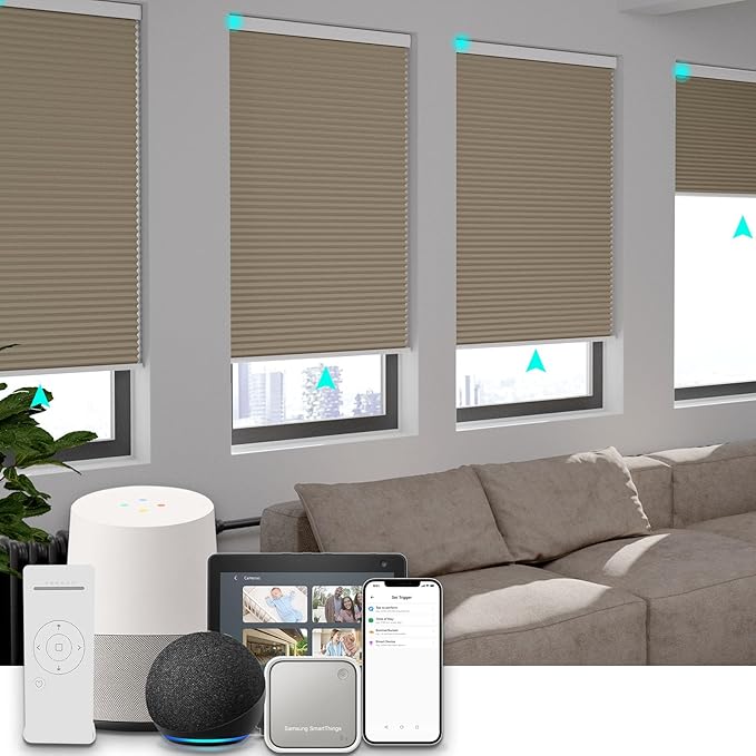 Changshade Motorized Cellular Shades with Remote Control Smart Blinds Compatible with Alexa, Google Home, Smarthings, Custom Size Electronic Automatic Shades for Indoor Windows Doors, Blackout, Brown