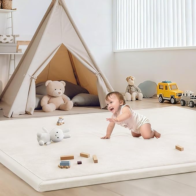 Baby Play Mat for Floor Tummy Time Mat Nursery Rug Muscle Mat Area Rug Playroom Rug Tatami Mat 9'2"x6'7" Memory Foam 1.3" Thick Crawling Mat for Babies,Toddlers, Infants, (Cream)