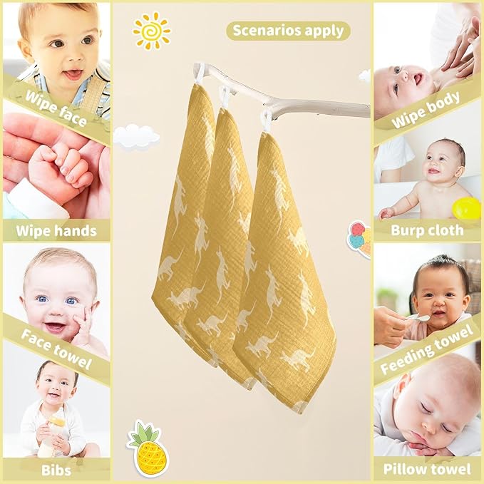 vvfelixl Baby Muslin Washcloths Kangaroo Australia Animals Baby Burp Cloths Cotton Baby Face Towel for Newborn Infants Boys Girls Soft and Absorbent 11.8 X 11.8 in, 3 Pack