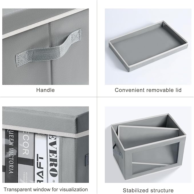 Decorative Bins with Lids - Stackable Cube Bins for Closet, 5 Pack Clear Windows Fabric Organizer Bins, Home Organizers and Storage for Clothes, CD, Towels, Grey