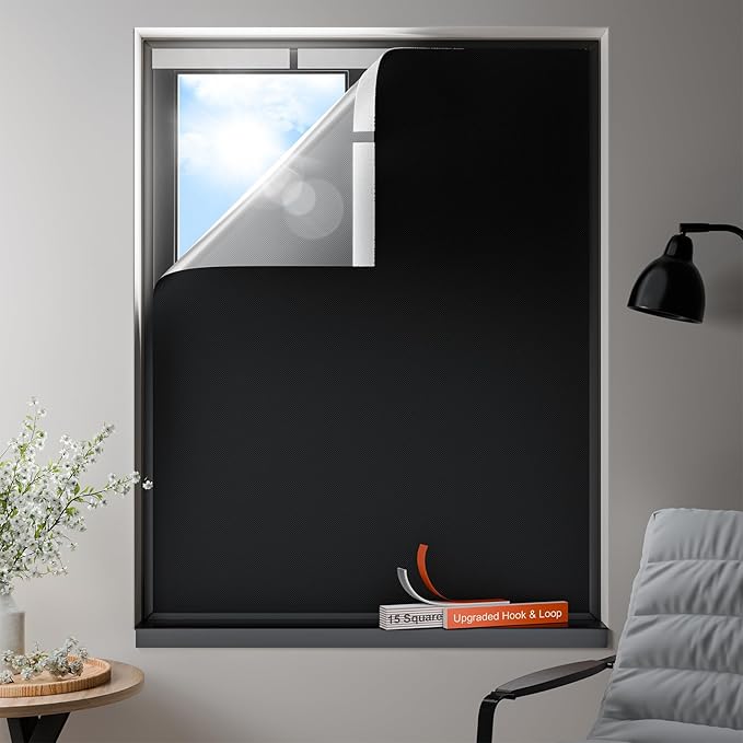 100% Blackout Curtains, Portable No Drill Window Shades, DIY Blackout Window Cover with Hook and Loop, for Bedroom, Baby Nursery, Travel, DormRoom, Apartment (37" x 64")