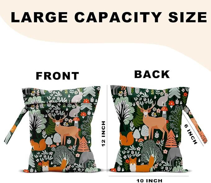 Forest Animal Wet Bags 12x10 Inch, Cottage Core Botanical Waterproof Travel Laundry Bags, Squirrel Fox Wolf Reusable Wet Dry Bag for Swimsuit Pool Beach Diapers Dirty Yoga Gym Clothes