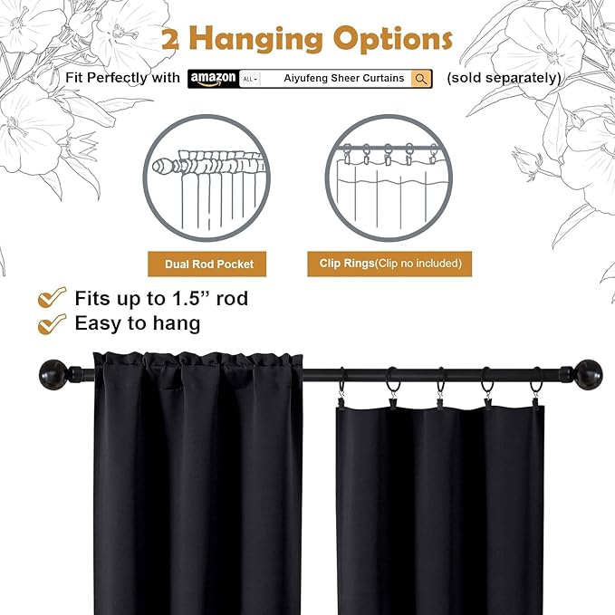 Aiyufeng Halloween Black Short Blackout Curtains for Bedroom 54 Inches Long 2 Panels Set, Solid Thermal Insulated, Energy Saving Window Treatment Curtains Blackout Drapes, W40 x L54 Inch, Black