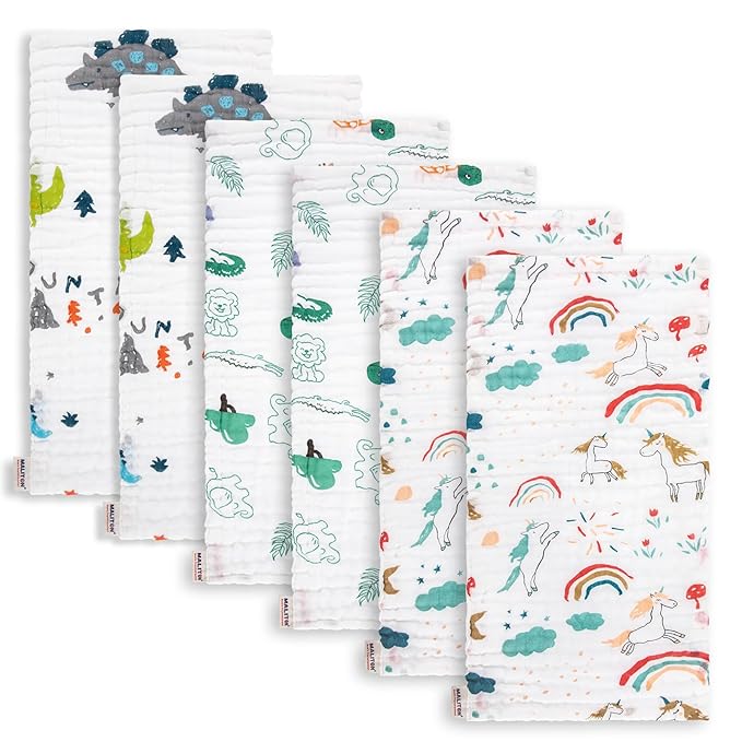 Maliton Muslin Burp Cloths for Baby Girl 6 Pack Large 20''x10'' 100% Cotton Burp Rags Absorbent and Soft 6 Layers Muslin Cloth Baby Boy Newborn Essentials Must Haves (Rainbow & Animals)