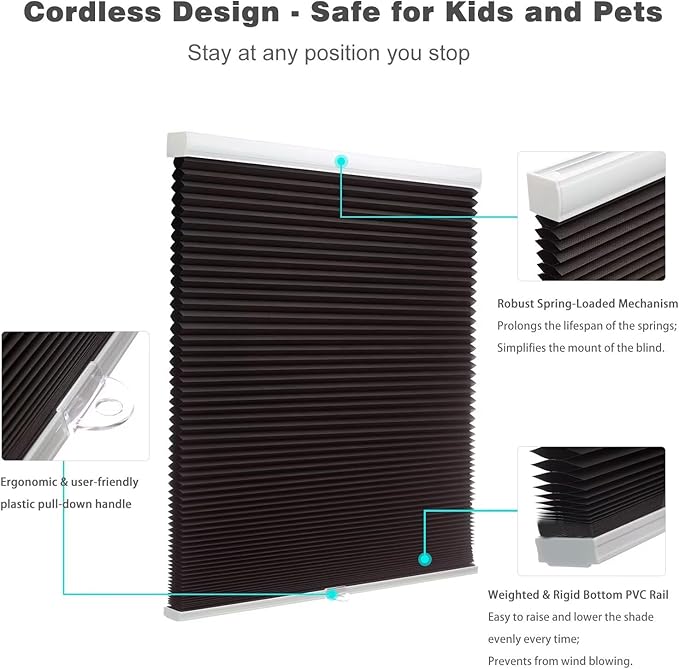 MYshade Cordless Blackout Cellular Shades for Windows, Honeycomb Window Shades with Thermal Insulation, Child & Pet Safe Room Darkening Shade, Easy Install, 26" W x 36" H, Black