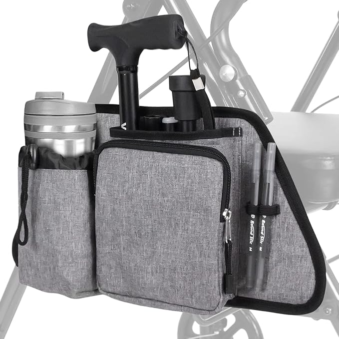 Vive Side Bag for Rollators, Wheelchairs, Walkers - Tote Organizer with Phone Pocket - Storage Travel Pouch - Small Hanging Stroller Accessories for Women, Men, Seniors - Non Slip Cup Holder
