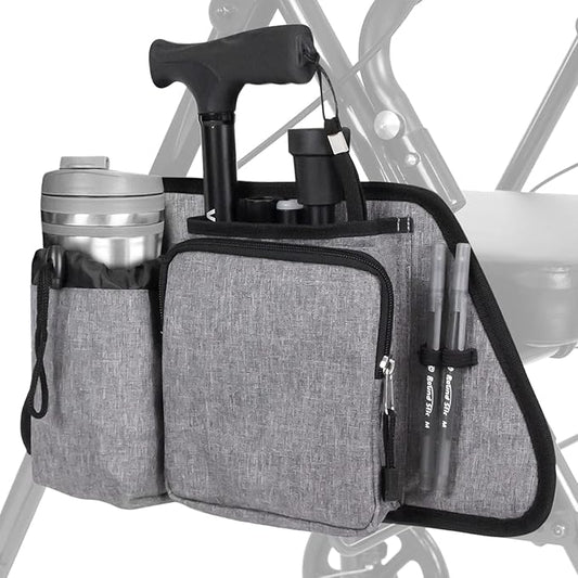 Vive Side Bag for Rollators, Wheelchairs, Walkers - Tote Organizer with Phone Pocket - Storage Travel Pouch - Small Hanging Stroller Accessories for Women, Men, Seniors - Non Slip Cup Holder