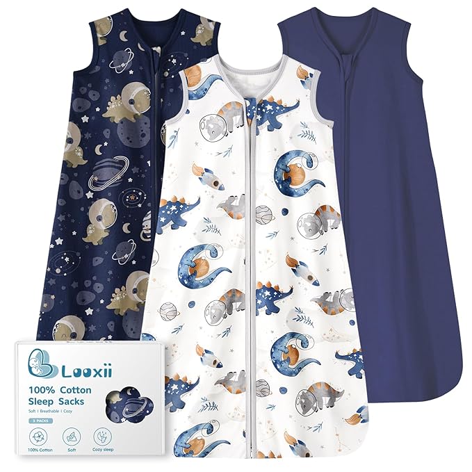 Looxii Baby Sleep Sack 0.5 TOG, 100% Cotton 3 Pack Wearable Blanket Baby Sleep Bag for Newborn Infant, 2-Way Zipper Lightweight Toddler Sleeping Sack 12-18 Months