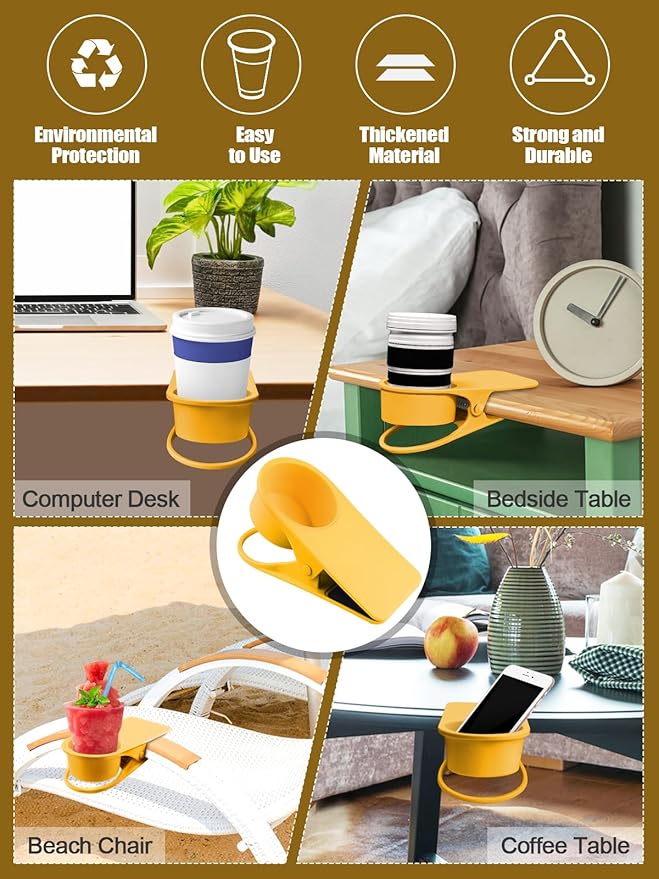 Kalolary Drinking Cup Holder Clip- Chair and Table Bottle Cup Stand The DIY Glass Clamp Storage Saucer Clip Water Coffee Mug Holder Saucer Clip Design for Home & Office, Yellow