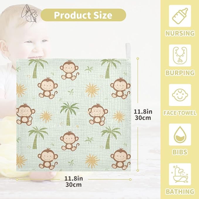 vvfelixl Baby Muslin Washcloths Cute Monkey Coconut Trees Baby Burp Cloths Cotton Babys Face Towel for Newborn Infants Boys Girls Soft and Absorbent 11.8 X 11.8 in, 3 Pack
