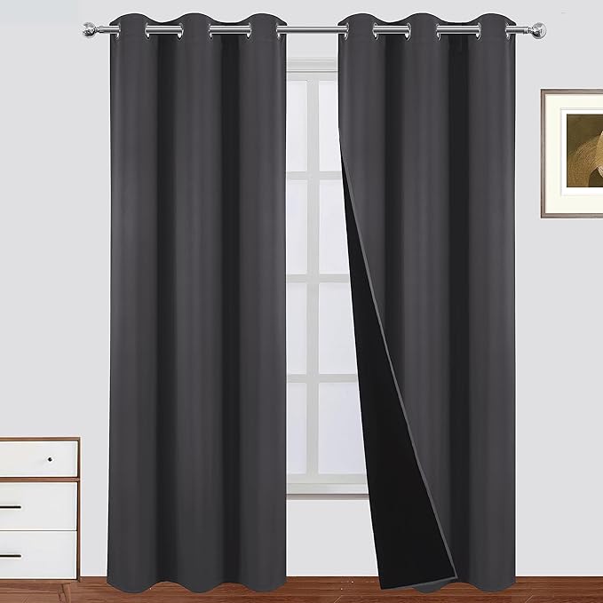 LEMOMO 100% Blackout Curtains Dark Grey Curtains 38 x 84 Inch 2 Panels Darkening Thermal Insulated Bedroom Curtains