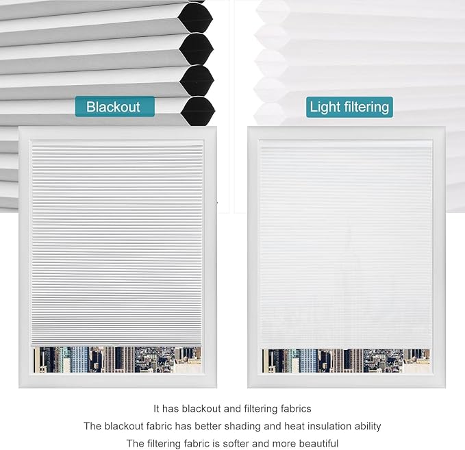 Changshade Cordless & Light Filtering Cellular Shade, Tools-Free Pleated Polyester Honeycomb Shade, Light Blocking Window Shade and Blind, 27 inches Wide, White CEL27WT50B