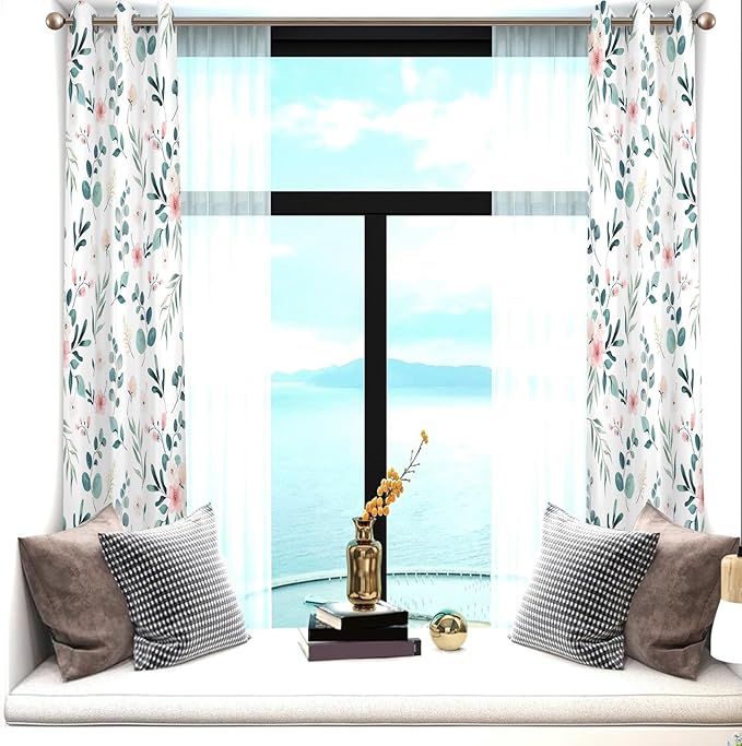Renaiss Leaf Curtains Green Leaves Print Blackout Window Curtains for Bedroom Botanical Plants Grommet Top Room Darkening Window Drapes for Living Room 29W x 45L Inch Two Panel Set