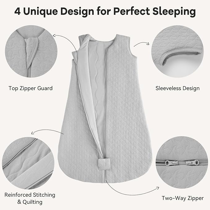 Unnivoll Baby Sleep Sack 12-18 Months TOG 2.5 Winter Baby Wearable Blanket, 100% Cotton Fabric Toddler Sleeping Sack 2-Way Zipper Quilted Baby Sleep Bag, Warm Soft Grey