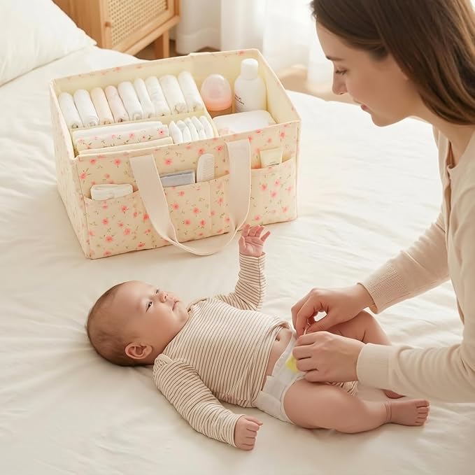 Baby Diaper Caddy Organizer with Portable Changing Mat-Portable Baby Organizers and Storage, Gift for Baby Shower, Baby Essentials Organizer with Removable Dividers (Pink Floral)
