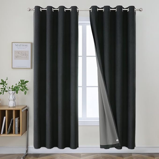 Joydeco Black Curtains 84 Inch Long, Blackout Curtains 2 Panels Set, Total Room Darkening Thermal Insulated Textured Grommets Drapes for Bedroom Living Room(42x84 inch, Black)