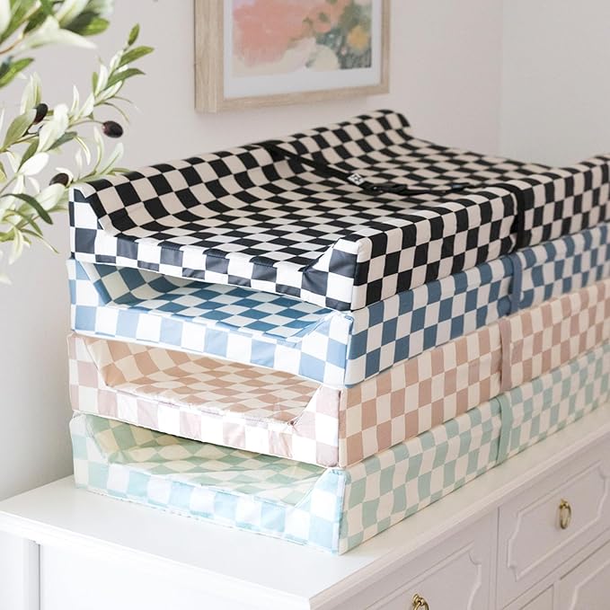 Tiny Twinkle Diaper Changing Pad for Dresser & Nursery Table – Waterproof, Wipeable & Mess-Proof Baby Changing Pad with Safety Strap, Non-Slip Base & Removable Washable Cover(Beige Checkers)