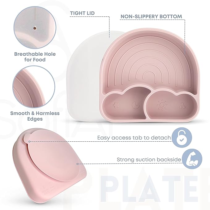 SofiAl All In One Silicone Feeding Set - Safe for 6-12 Months - Non-Toxic Baby Led Weaning Supplies - Toddler Self Feeding Utensils - BPA-Free - Mess Free Essentials