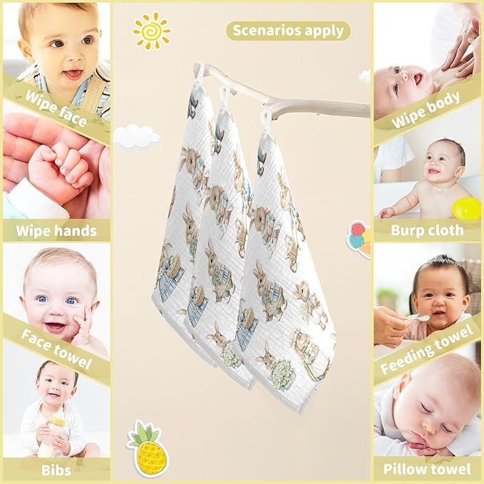 Vvfelixl Muslin Washcloths Easter Rabbits Bunny Baby Burp Cloths Cotton Face Towel for Newborn Infants Boys Girls - Soft and Absorbent 11.8 X 11.8 in, 3 Pack