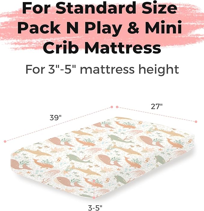 Pack and Play Sheets 2 Pack, Fitted Jersey Knit Mini Crib Sheets for Baby Boys and Girls, Compatible with Graco Pack N Play and Mini Crib Mattress (Aqua Wonders, Pack N Play/Mini Crib Sheets)