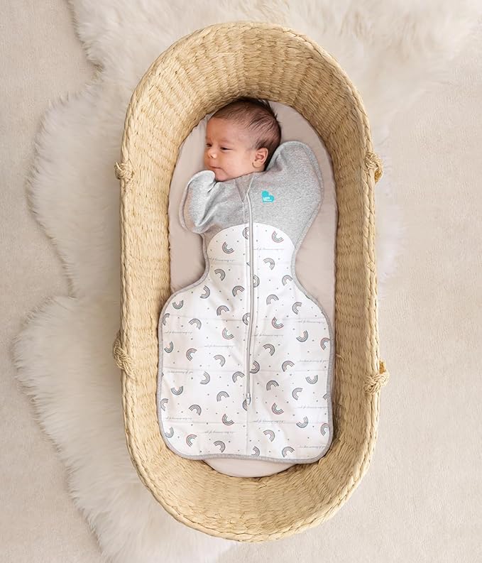 Love to Dream Warm Swaddle UP 2.5 TOG Baby Sleep Sack for Autumn & Winter | Arms Up Position for Self-Soothing, Calms Startle Reflex | Medium 13–19 lbs, White Rainbow Dream