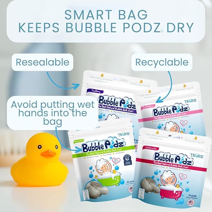 TruKid Bubble Podz Bubble Bath for Kids, Toddlers, & Babies, NEA-Accepted for Eczema, Gentle Refreshing Colloidal Oatmeal Bath Bomb for Sensitive Skin, pH Balanced, Tear Free, Unscented (60 Podz)
