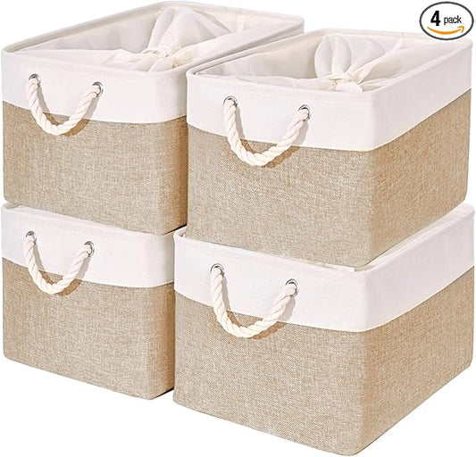 HOdo Home Storage Bins, Fabric Bin with Drawstring Closure and 2 Bold Handles, Collapsible Large Canvas Baskets for Organizing Shelf Nursery Home Closet (15.8×11.8×9.5 In/4-Pack, White and Yellow)