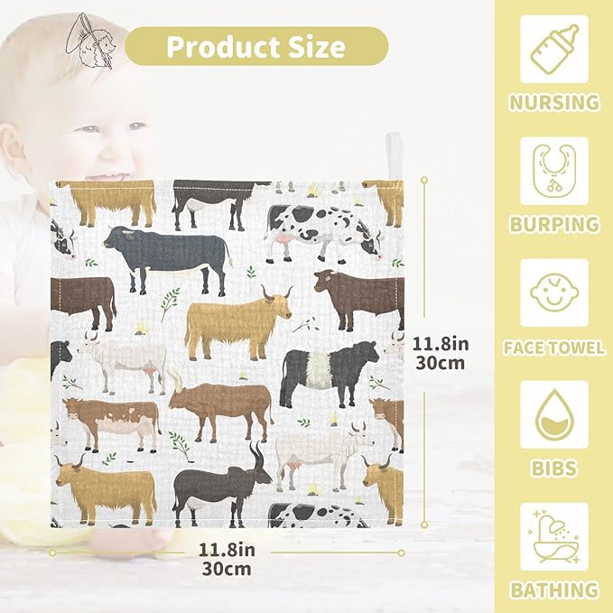 Baby Washcloths Cotton Bulls Cows Cattle Baby Muslin Washcloths Soft Baby Face Towel for Newborn Infants Baby Wipes, 11.8 X 11.8 Inch, 3 Pack White