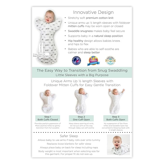 Amazing Baby Transitional Swaddle Sack, Arms Up Half-Length Sleeves & Mitten Cuffs, Swaddle for Newborn Transition to Baby Sleep Sack Wearable Blanket, Med, 3-6 month, 14-21 lb, Blue Tiny Elephants