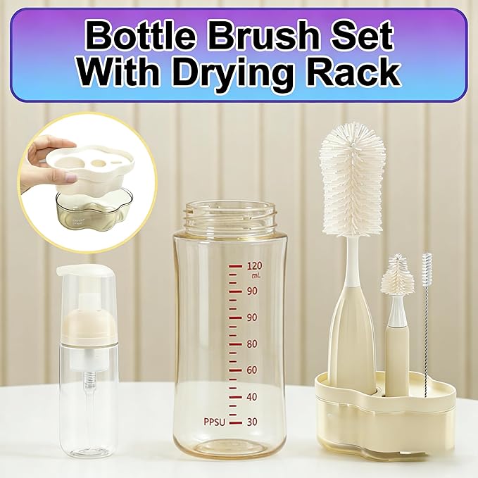 WHNL All-in-One Press-to-Foam Silicone Baby Bottle Cleaning Kit with Bottle Brush, Nipple/Straw Brushes, Tabletop Dring Rack, BPA Free for Baby Bottles, Breast Pumps,Small Appliances,Travel-Friendly