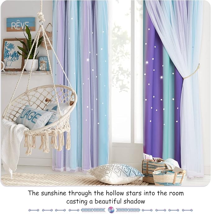 NICETOWN Girls Curtains for Bedroom Kids Room Decor White Mosquito Net & Blackout Ombre Drapes, Mix & Match Star Cut Curtain Panels for Nursery (Teal & Purple, Each is W52 x L84, Sold by 2 PCs)