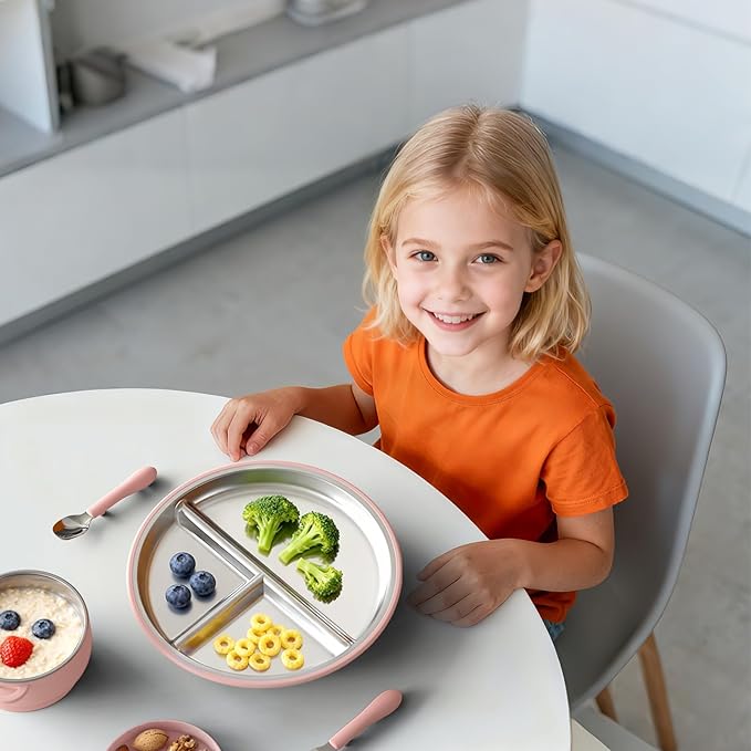 Bakpoco Stainless Steel Suction Plates for Toddlers, 9" Divided Kids Baby Plates with Removable Silicone Suction, Non Toxic Non Slip Portion Control Snack Dishes 3 Packs, Blue Gray Blush