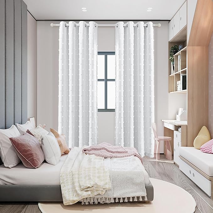 MYSKY HOME 100% White Blackout Curtains for Girls Bedroom 90 Inch Long Total Light Blocking Curtains for Living Room 2 Panels Room Darkening Grommet Window Drapes with White Pom Pom Sheer 52W x 90L
